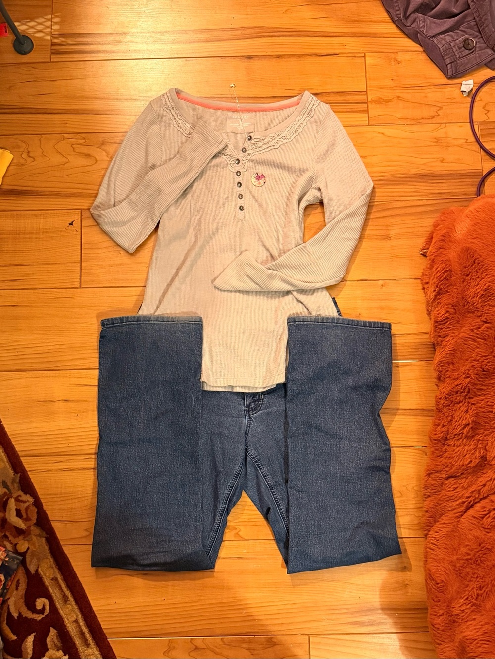 Sonoma Light Gray Lace-Trim Long Sleeve Henley Top